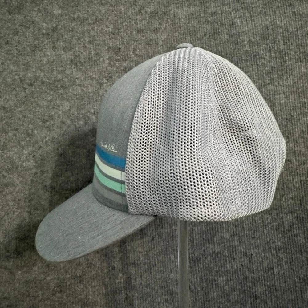TravisMathew Mens Gray Striped Trucker Hat Flexfit 110 Snapback Golf Cap